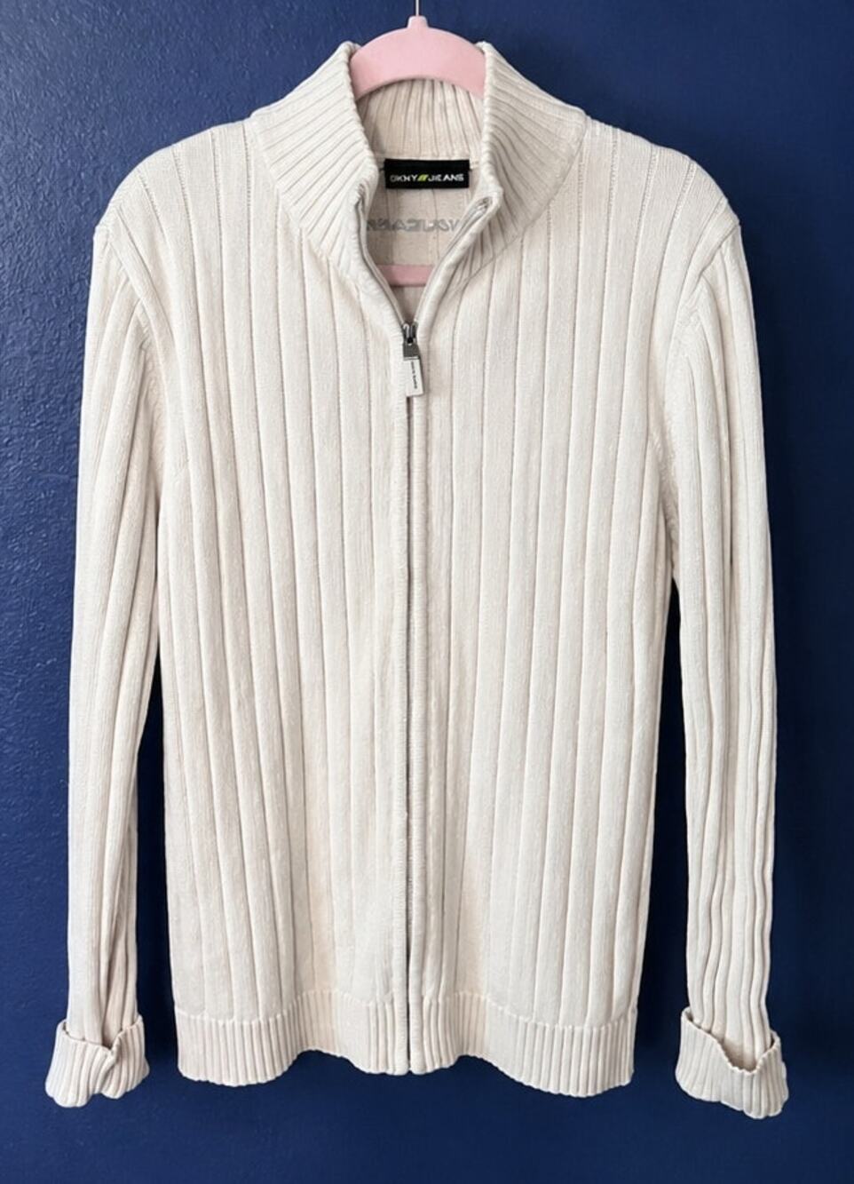 DKNY Jeans Cream Ribbed Zip Front Cardigan Sweater 100% cotton Womens Small